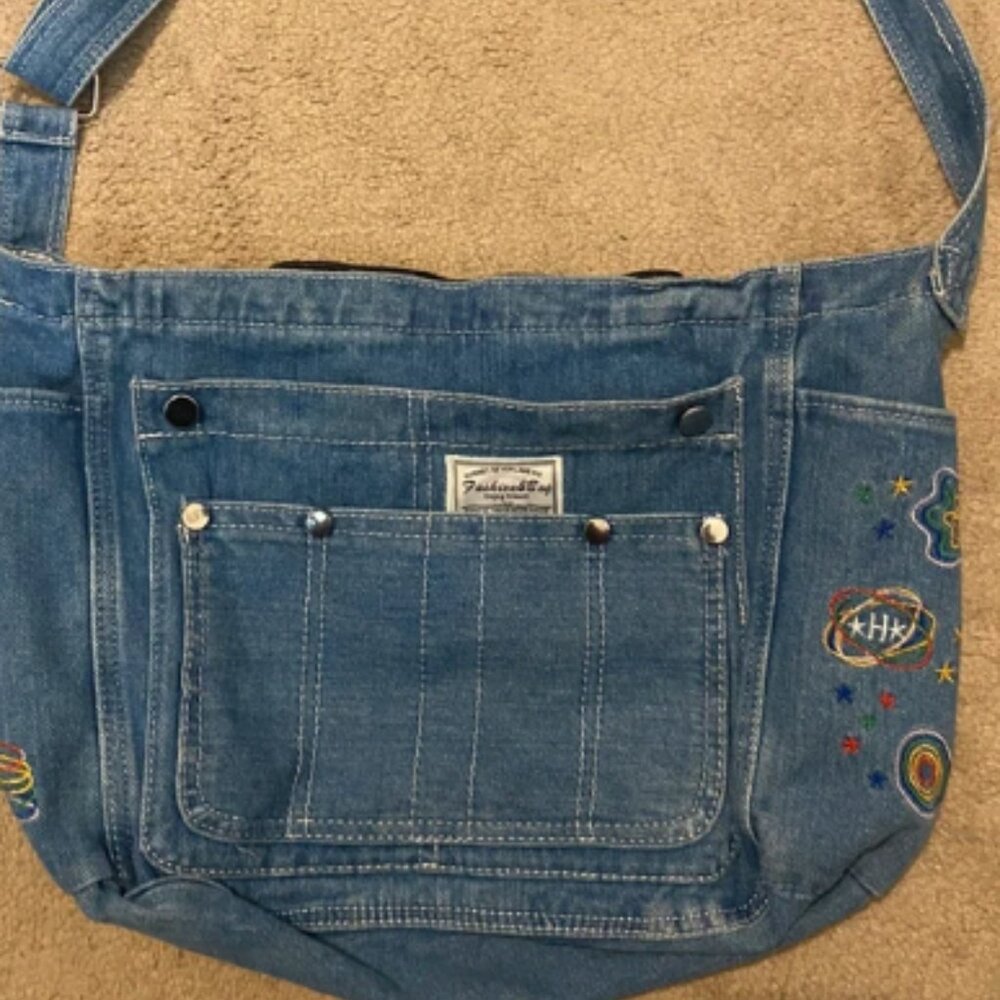 Blue denim satchel bag